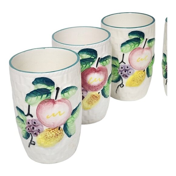 Vtg Basket Weave Pottery Cups Hand Painted Fruit Ceramic Cup Set (6) MCM Glasses - Picture 4 of 12